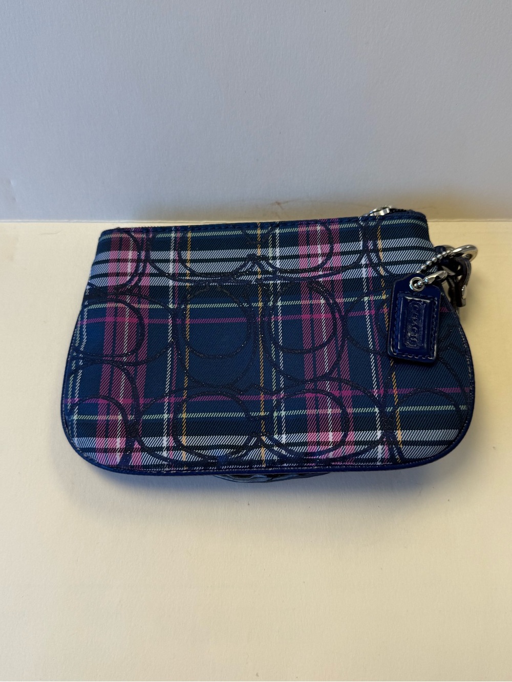 Coach Navy & Pink Plaid Signature Tartan Wristlet Wallet with Coach Tag.